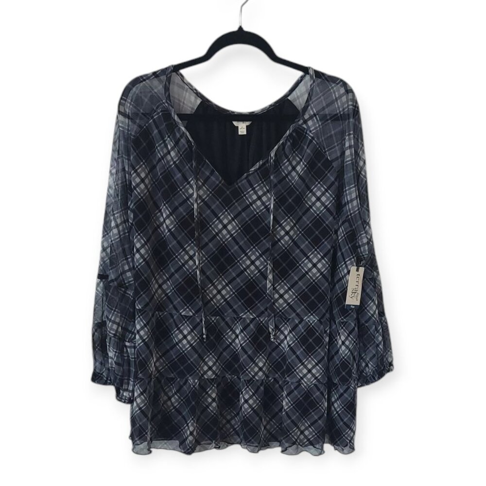 Terra & Sky Women's Black Gray Mesh Tiered Lined Boho Peasant Top Blouse 3X NWT